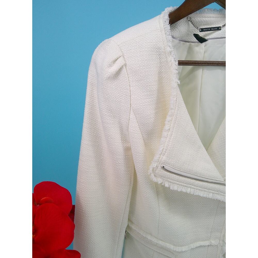 NWT White House Black Market Womens Size 6 Ecru Tweed Fringe Moto Jacket - Picture 3 of 11